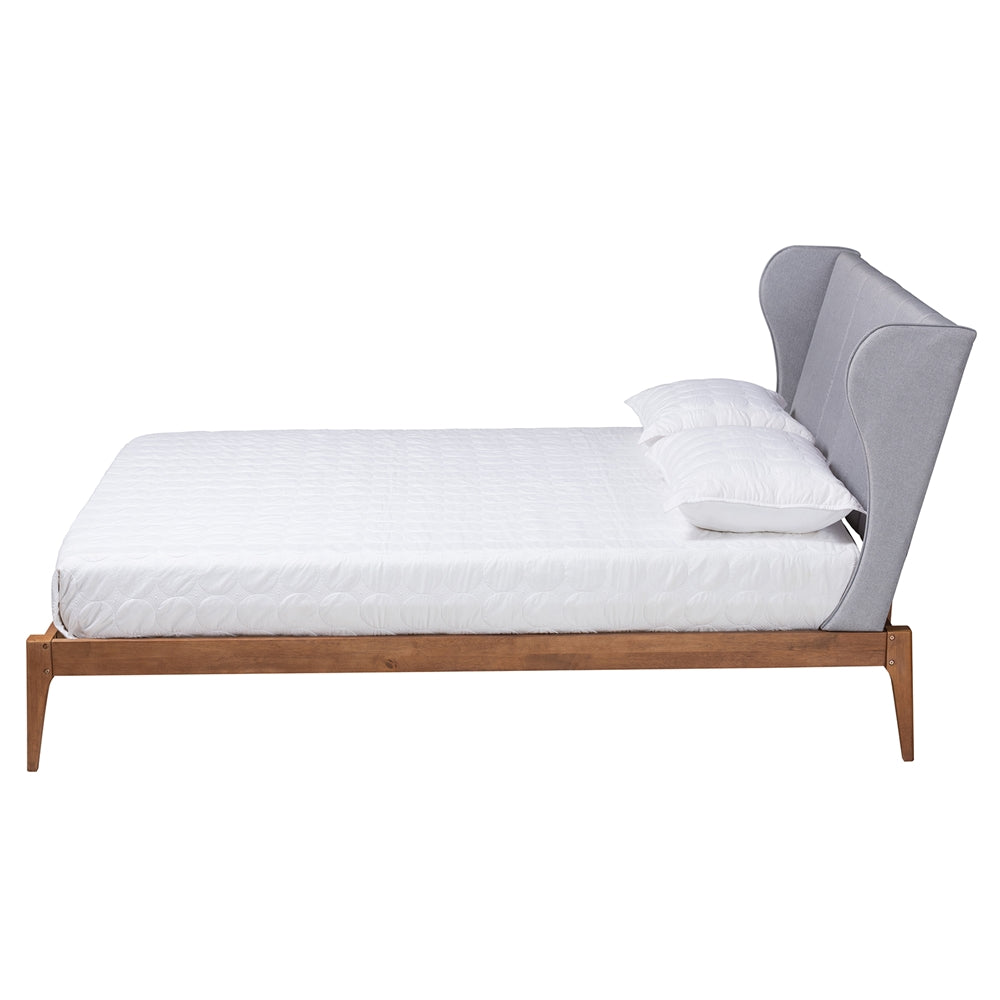 Baxton Studio Royce Mid-Century Modern Transitional Light Grey Fabric And Ash Walnut Finished Wood Queen Size Bed