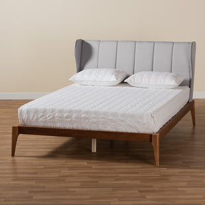 Baxton Studio Royce Mid-Century Modern Transitional Light Grey Fabric And Ash Walnut Finished Wood Queen Size Bed