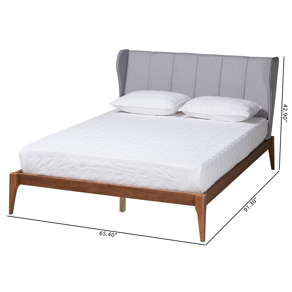 Baxton Studio Royce Mid-Century Modern Transitional Light Grey Fabric And Ash Walnut Finished Wood Queen Size Bed