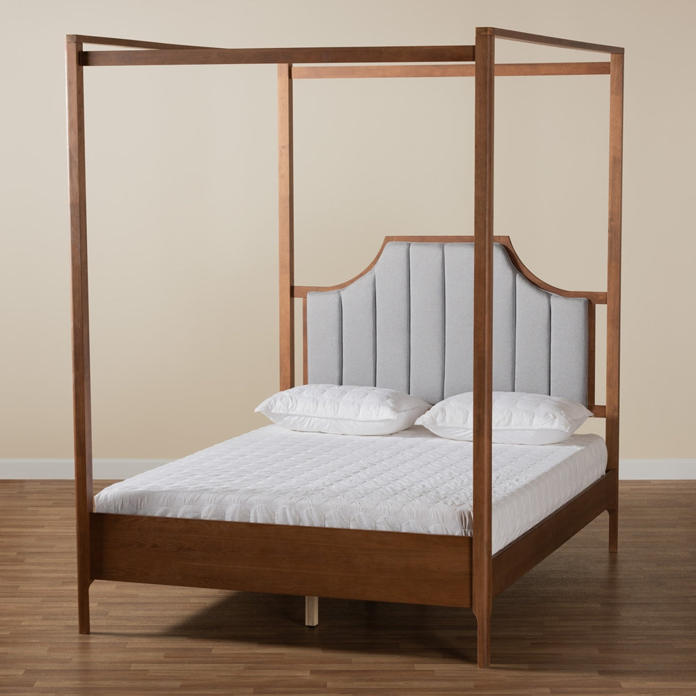 Baxton Studio Dakota Classic And Traditional Light Grey Fabric And Ash Walnut Finished Wood Queen Size Platform Canopy Bed