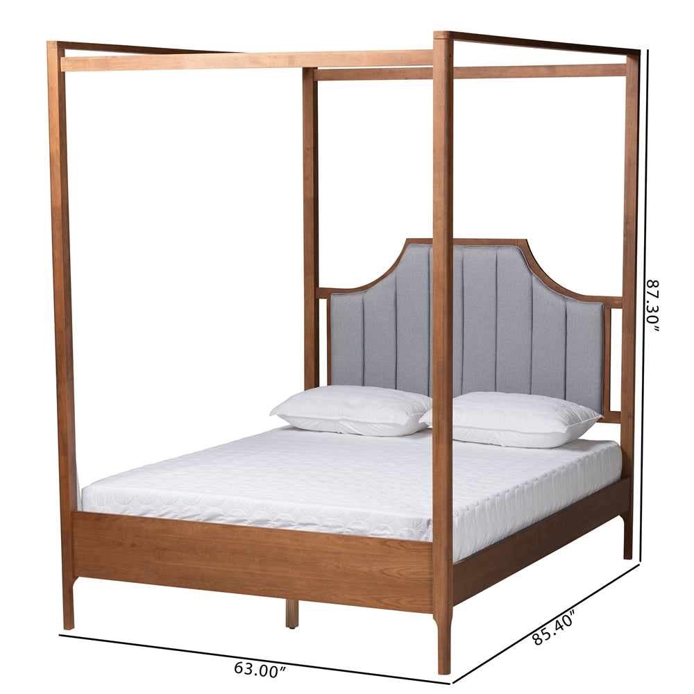 Baxton Studio Dakota Classic And Traditional Light Grey Fabric And Ash Walnut Finished Wood Queen Size Platform Canopy Bed