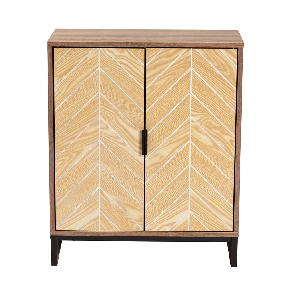 Baxton Studio Josephine Mid-Century Modern Transitional Two-Tone Walnut And Natural Brown Finished Wood And Black Metal 2-Door Storage Cabinet