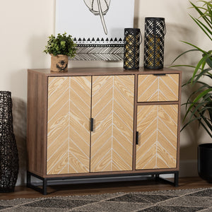 Baxton Studio Josephine Mid-Century Modern Transitional Two-Tone Walnut And Natural Brown Finished Wood And Black Metal 3-Door Sideboard