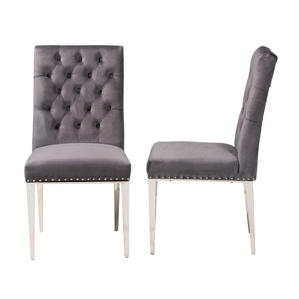 Baxton Studio Caspera Contemporary Glam And Luxe Grey Velvet Fabric And Silver Metal 2-Piece Dining Chair Set