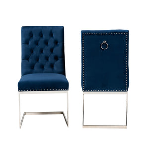 Baxton Studio Sherine Contemporary Glam And Luxe Navy Blue Velvet Fabric And Silver Metal 2-Piece Dining Chair Set