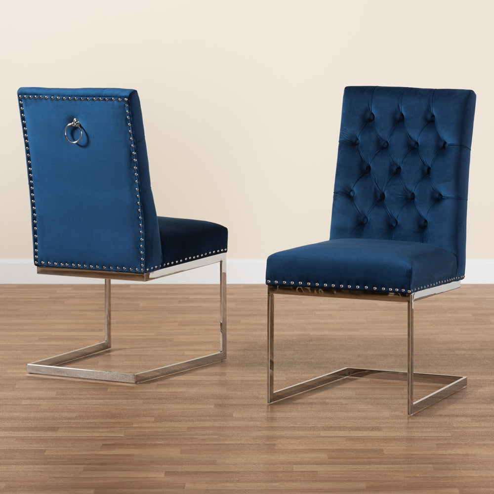 Baxton Studio Sherine Contemporary Glam And Luxe Navy Blue Velvet Fabric And Silver Metal 2-Piece Dining Chair Set