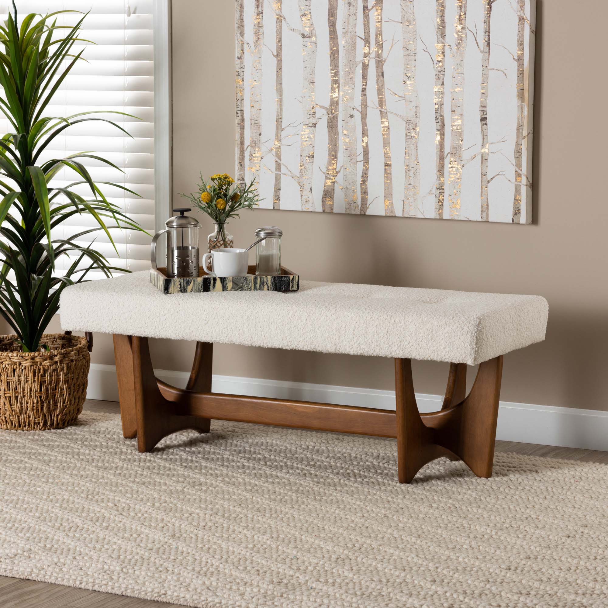 Baxton Studio Theo Japandi Cream Boucle Fabric And Walnut Brown Finished Wood Bench