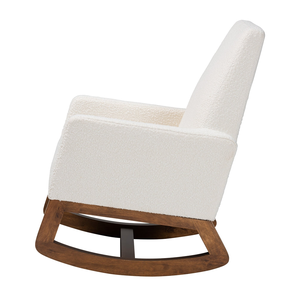 Baxton Studio Yashiya Mid-Century Modern Off-White Boucle Upholstered And Walnut Brown Finished Wood Rocking Chair