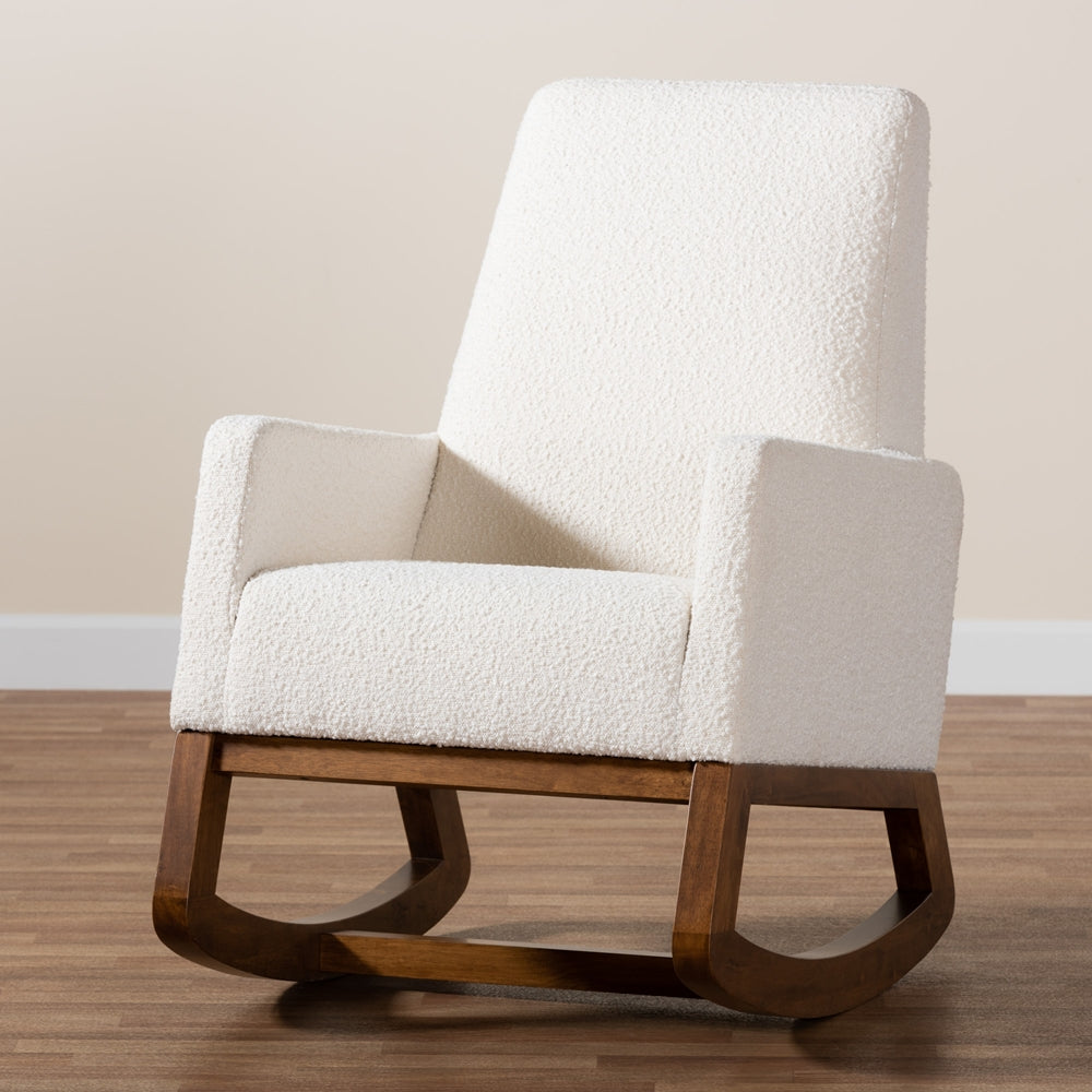 Baxton Studio Yashiya Mid-Century Modern Off-White Boucle Upholstered And Walnut Brown Finished Wood Rocking Chair