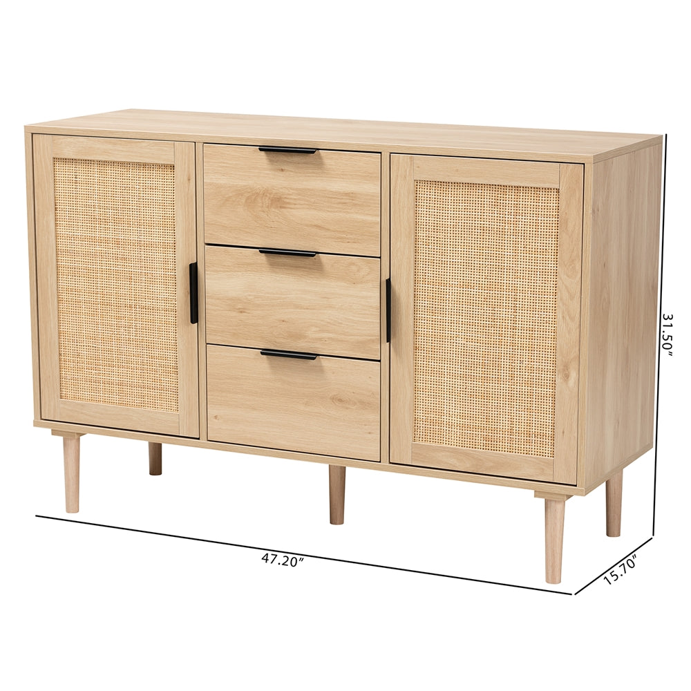 Baxton Studio Harrison Mid-Century Modern Natural Brown Finished Wood And Natural Rattan 3-Drawer Sideboard