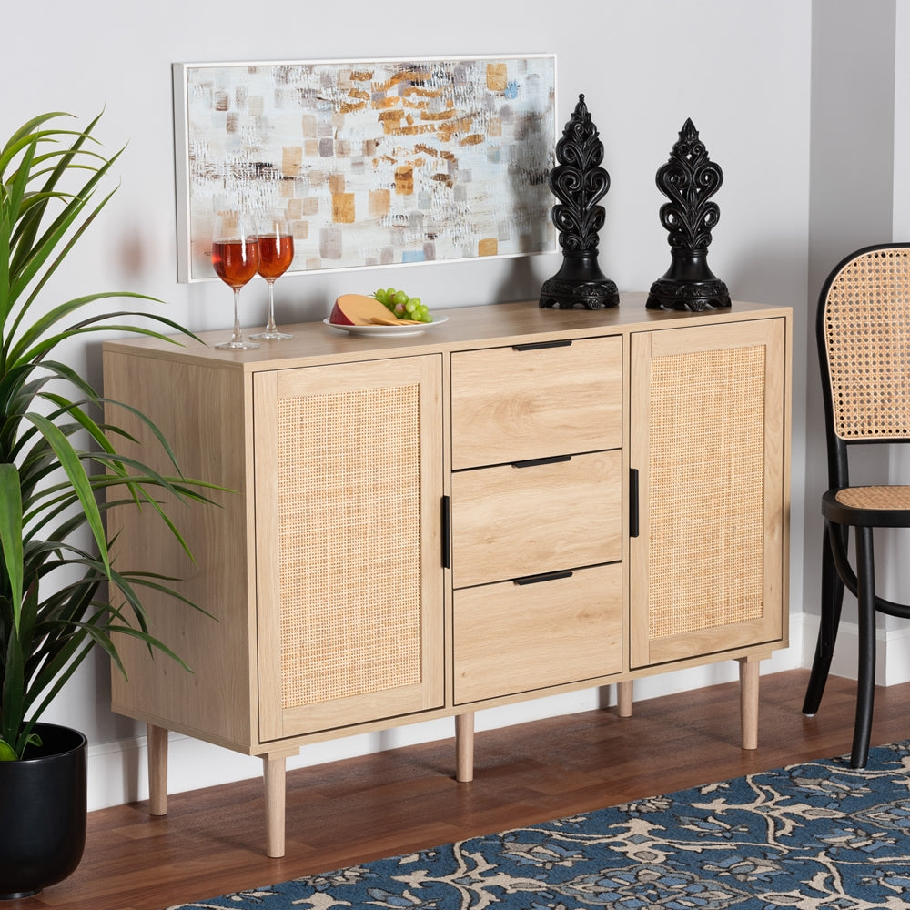 Baxton Studio Harrison Mid-Century Modern Natural Brown Finished Wood And Natural Rattan 3-Drawer Sideboard