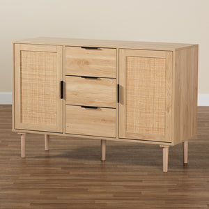 Baxton Studio Harrison Mid-Century Modern Natural Brown Finished Wood And Natural Rattan 3-Drawer Sideboard