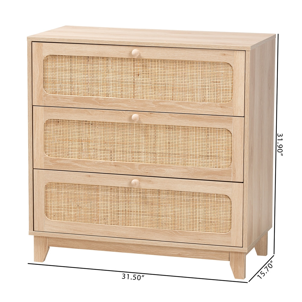 Baxton Studio Elsbeth Japandi Oak Brown Finished Wood And Natural Rattan 3-Drawer Storage Cabinet