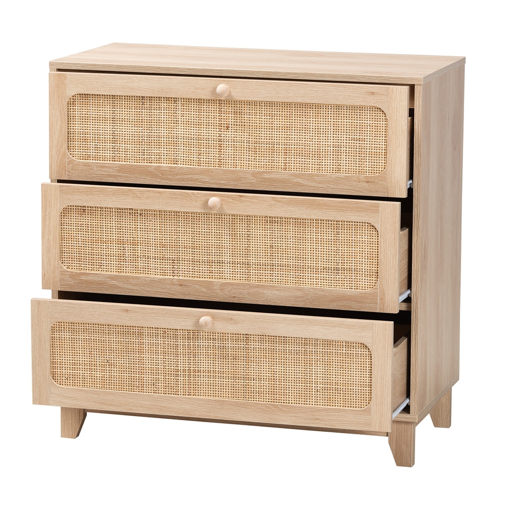 Baxton Studio Elsbeth Japandi Oak Brown Finished Wood And Natural Rattan 3-Drawer Storage Cabinet