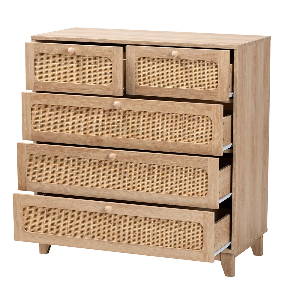 Baxton Studio Elsbeth Mid-Century Modern Oak Brown Finished Wood And Natural Rattan 5-Drawer Storage Cabinet