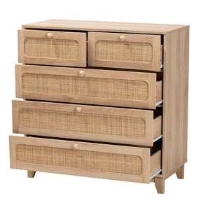 Baxton Studio Elsbeth Mid-Century Modern Oak Brown Finished Wood And Natural Rattan 5-Drawer Storage Cabinet