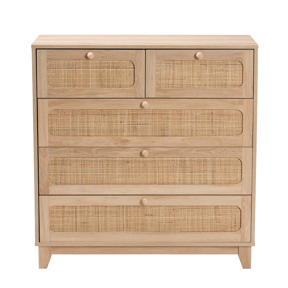 Baxton Studio Elsbeth Mid-Century Modern Oak Brown Finished Wood And Natural Rattan 5-Drawer Storage Cabinet