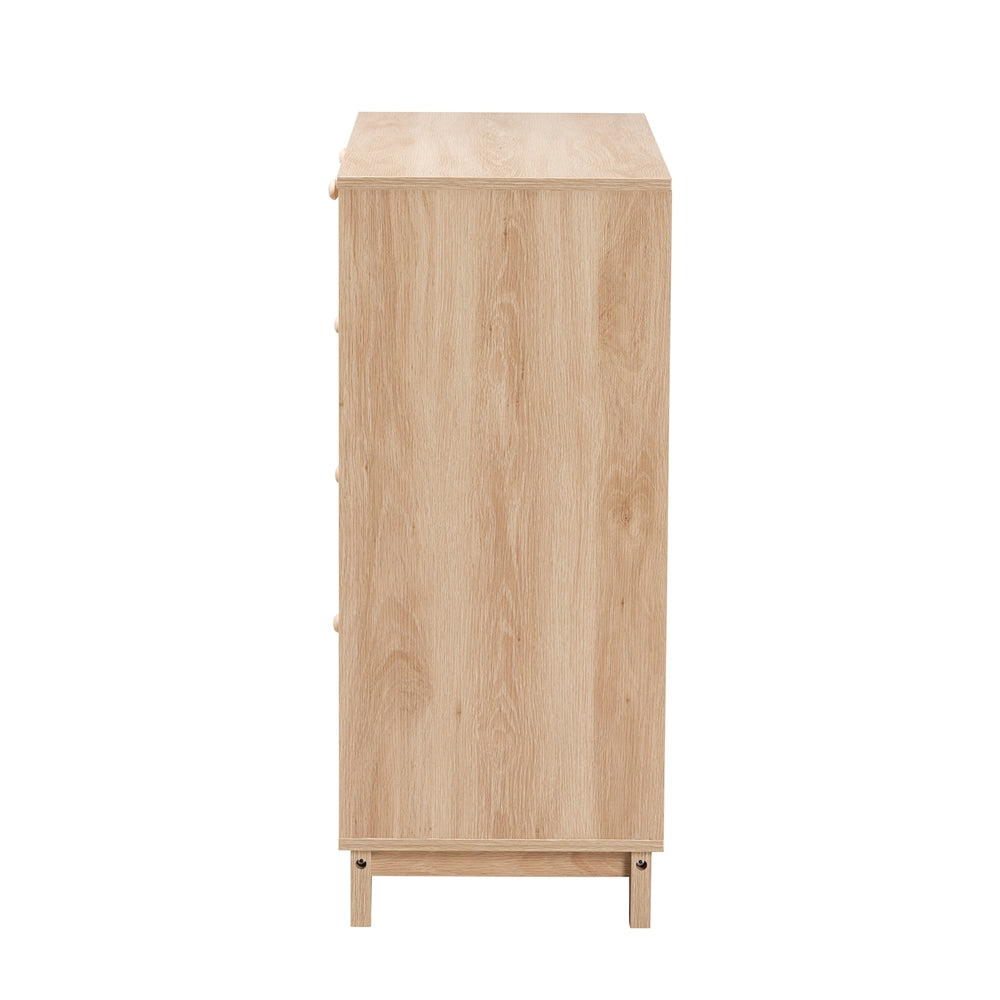 Baxton Studio Elsbeth Mid-Century Modern Oak Brown Finished Wood And Natural Rattan 5-Drawer Storage Cabinet