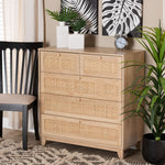 Load image into Gallery viewer, Baxton Studio Elsbeth Mid-Century Modern Oak Brown Finished Wood And Natural Rattan 5-Drawer Storage Cabinet
