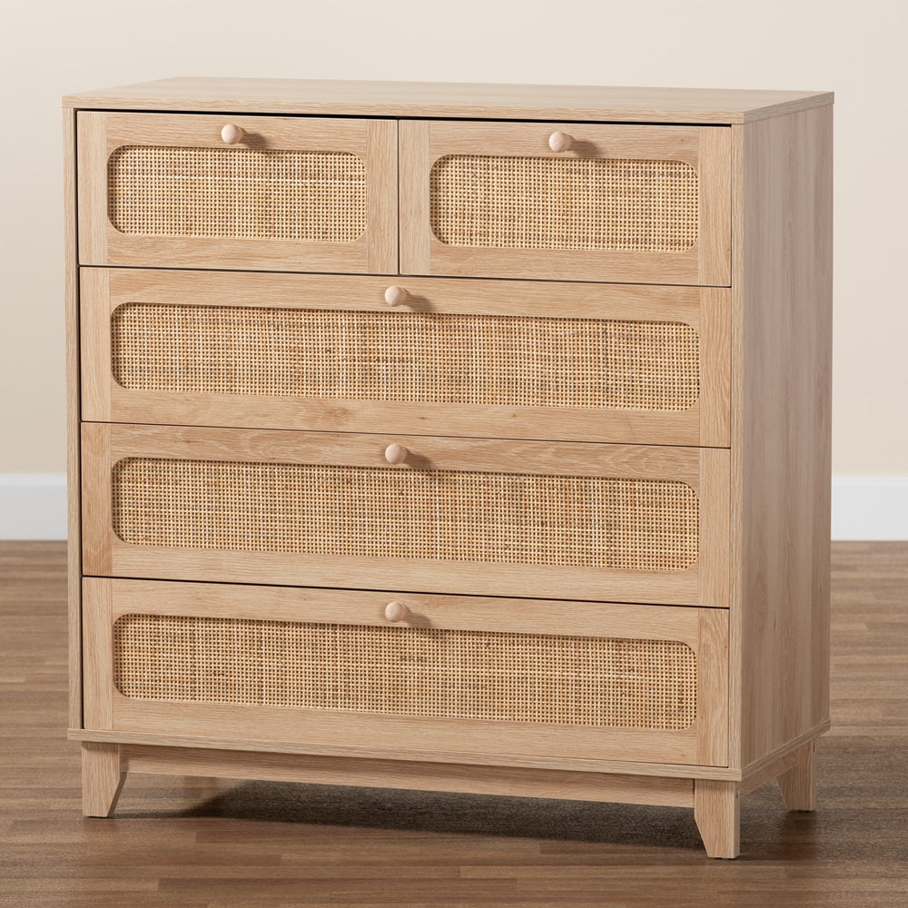 Baxton Studio Elsbeth Mid-Century Modern Oak Brown Finished Wood And Natural Rattan 5-Drawer Storage Cabinet