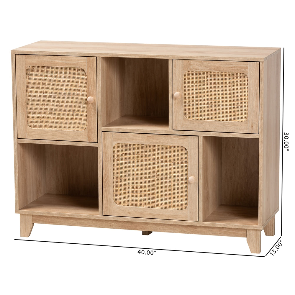 Baxton Studio Elsbeth Mid-Century Modern Light Brown Finished Wood And Natural Rattan 3-Door Sideboard