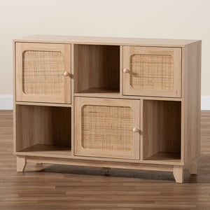 Baxton Studio Elsbeth Mid-Century Modern Light Brown Finished Wood And Natural Rattan 3-Door Sideboard