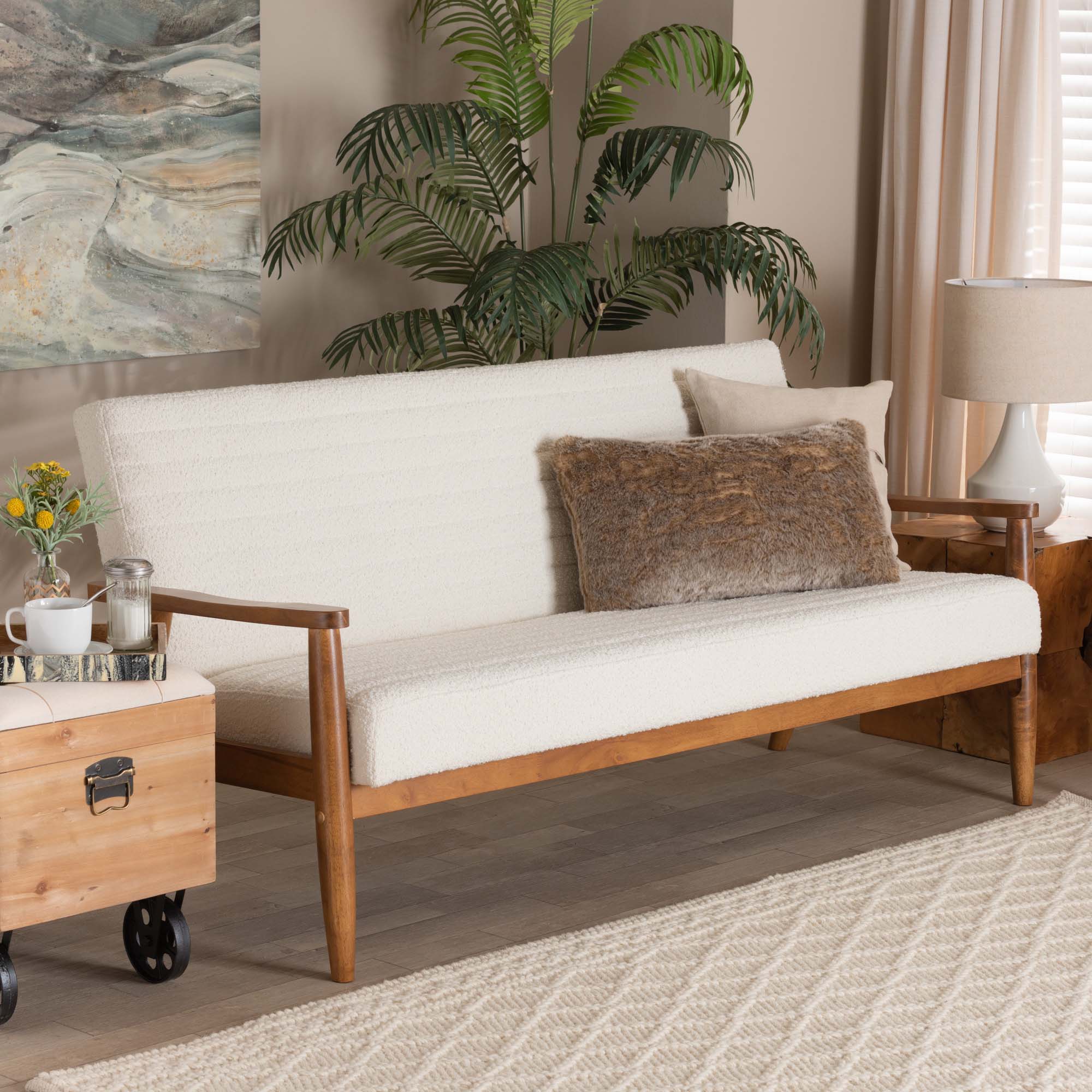 Baxton Studio Stratton Mid-Century Modern Cream Boucle Fabric And Walnut Brown Finished Wood Sofa