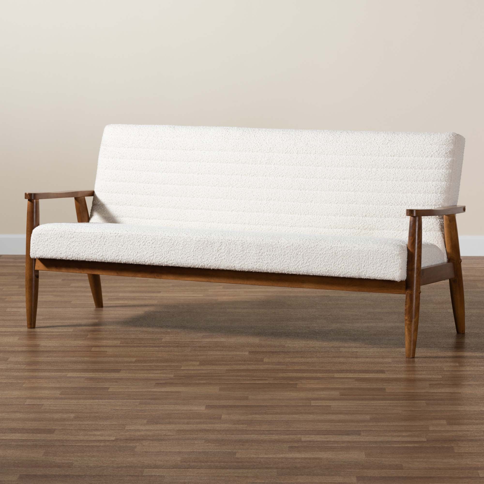 Baxton Studio Stratton Mid-Century Modern Cream Boucle Fabric And Walnut Brown Finished Wood Sofa