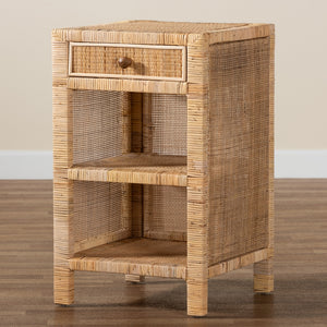 Baxton Studio Bella Modern Bohemian Natural Brown Mahogany Wood And Natural Rattan 1-Drawer Nightstand