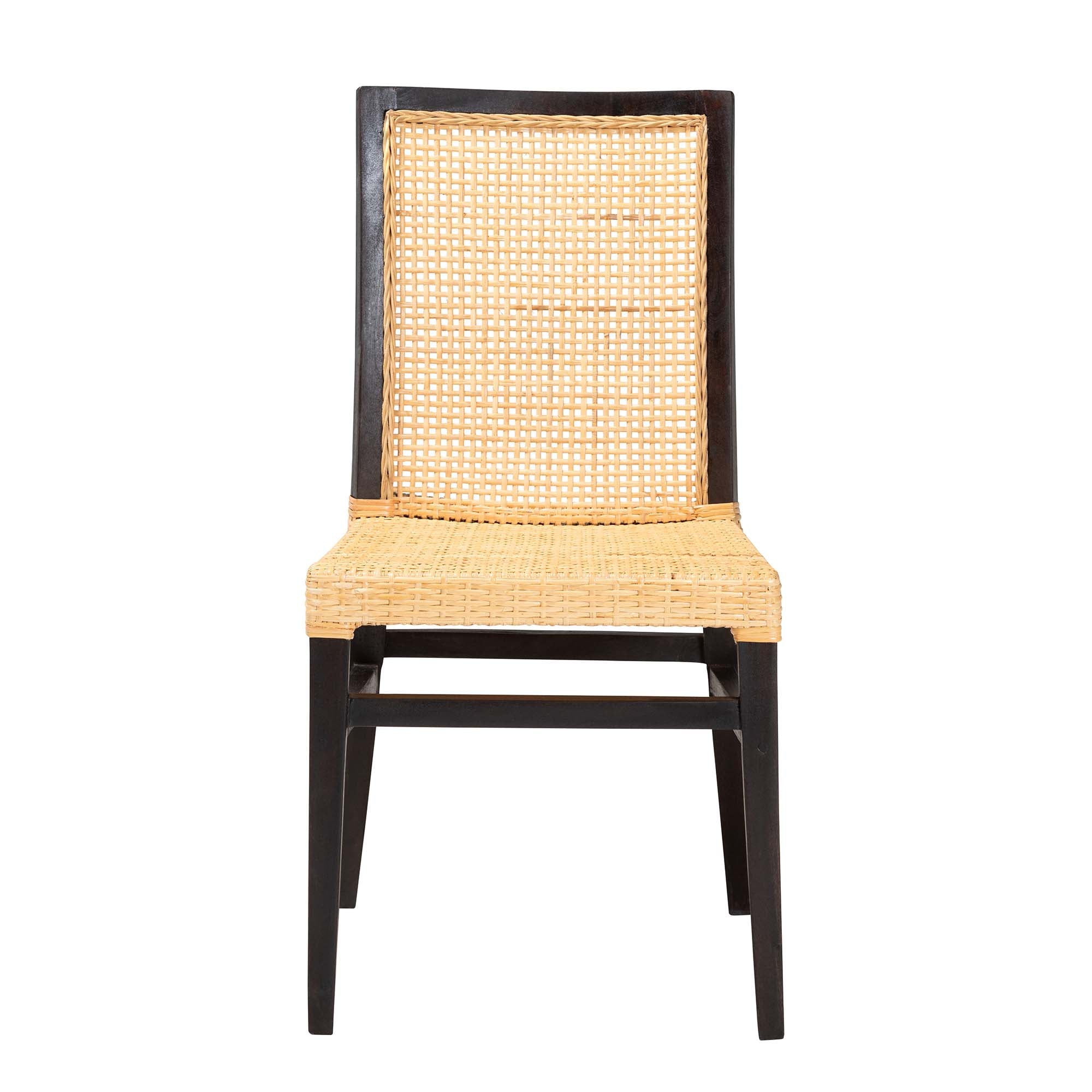 Baxton Studio Lingga Modern Bohemian Dark Brown Mahogany Wood And Natural Rattan Dining Chair