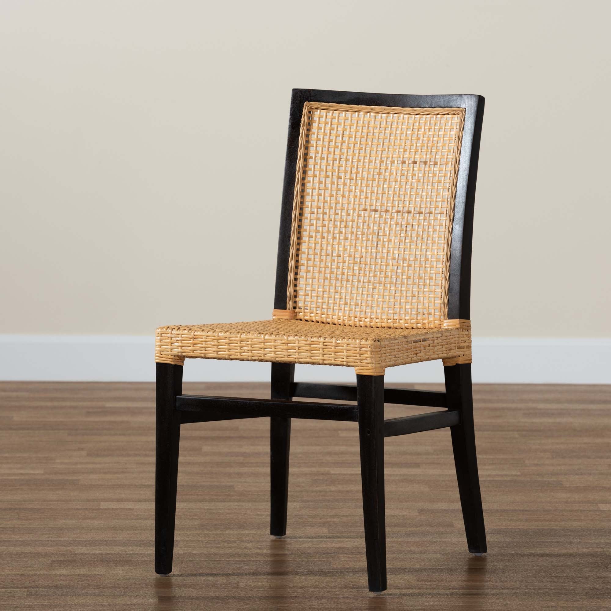 Baxton Studio Lingga Modern Bohemian Dark Brown Mahogany Wood And Natural Rattan Dining Chair