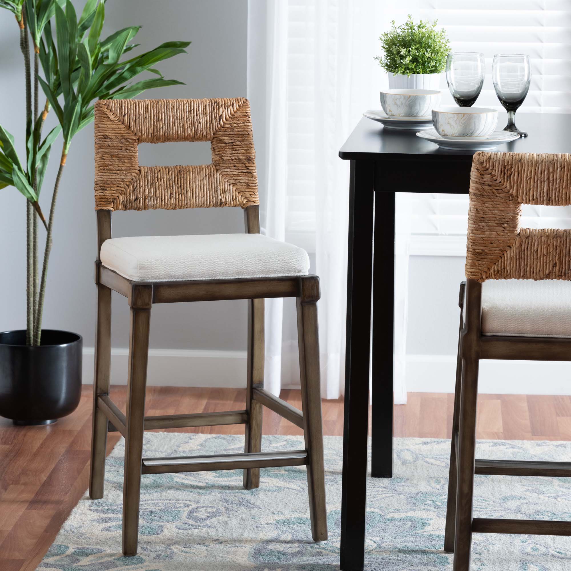 Baxton Studio Porsha Modern Bohemian Dark Brown Finished Mahogany Wood And Natural Rattan Counter Stool