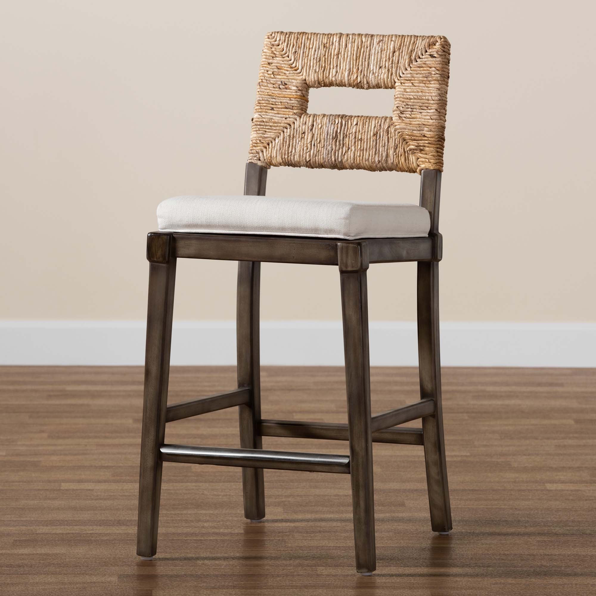 Baxton Studio Porsha Modern Bohemian Dark Brown Finished Mahogany Wood And Natural Rattan Counter Stool