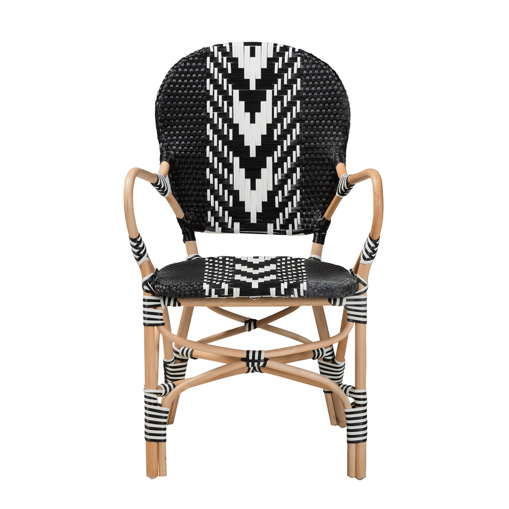 Baxton Studio Wallis Modern French Two-Tone Black And White Weaving And Natural Rattan Indoor Dining Chair