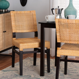 Baxton Studio Lesia Modern Bohemian Natural Brown Rattan And Espresso Brown Mahogany Wood Dining Chair