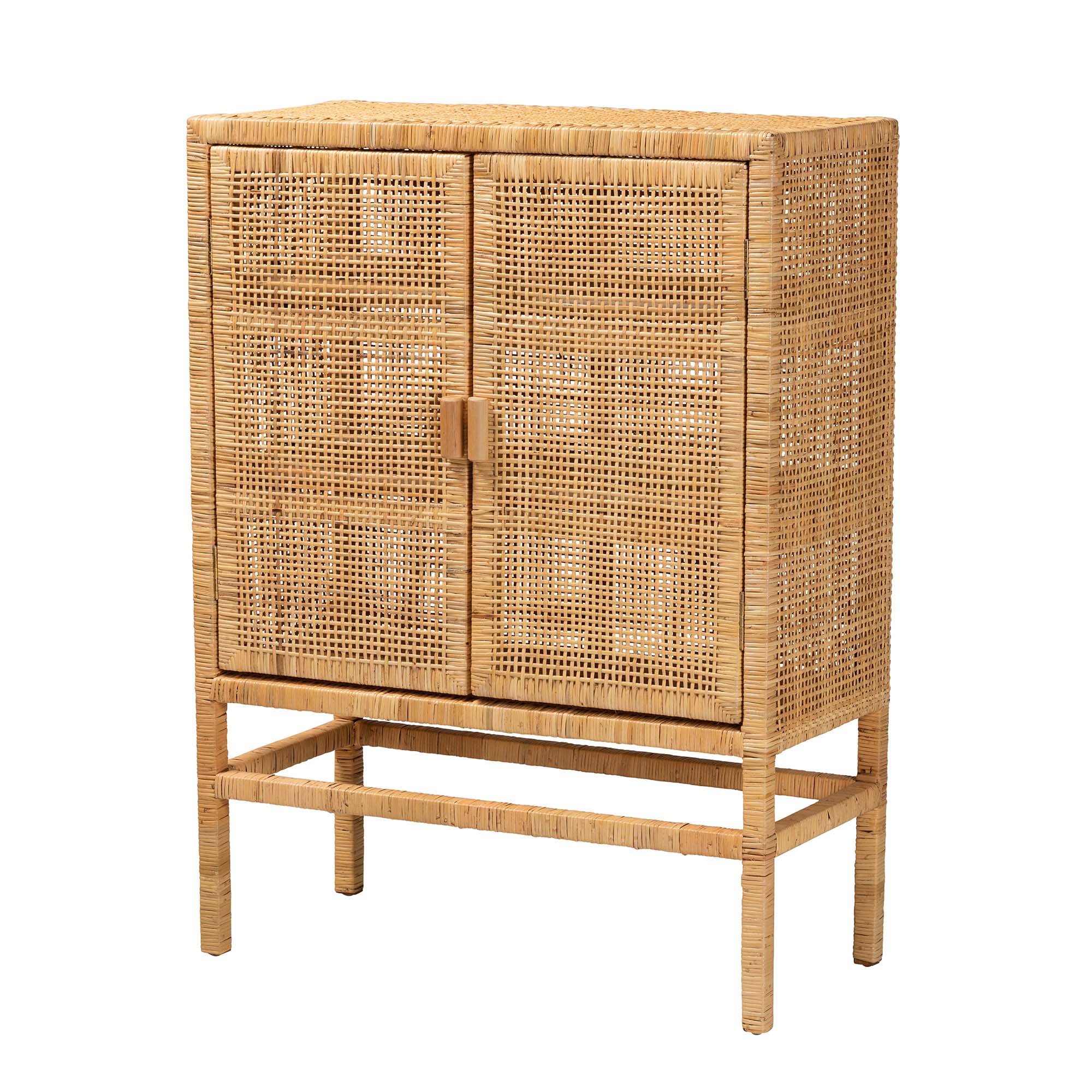 Baxton Studio Vivan Modern Bohemian Natural Brown Rattan And Mahogany Wood 3-Shelf Storage Cabinet