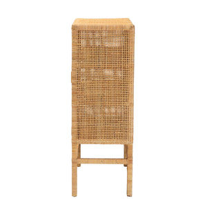 Baxton Studio Vivan Modern Bohemian Natural Brown Rattan And Mahogany Wood 3-Shelf Storage Cabinet