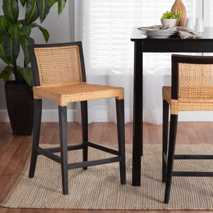 Baxton Studio Lingga Modern Bohemian Dark Brown Mahogany Wood And Natural Rattan Counter Stool