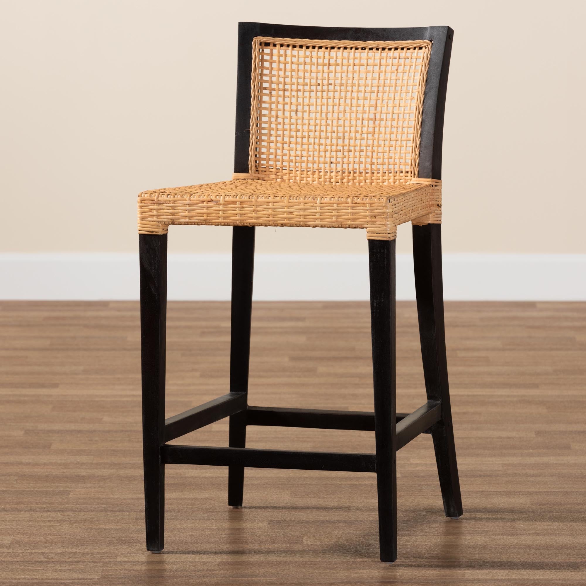 Baxton Studio Lingga Modern Bohemian Dark Brown Mahogany Wood And Natural Rattan Counter Stool