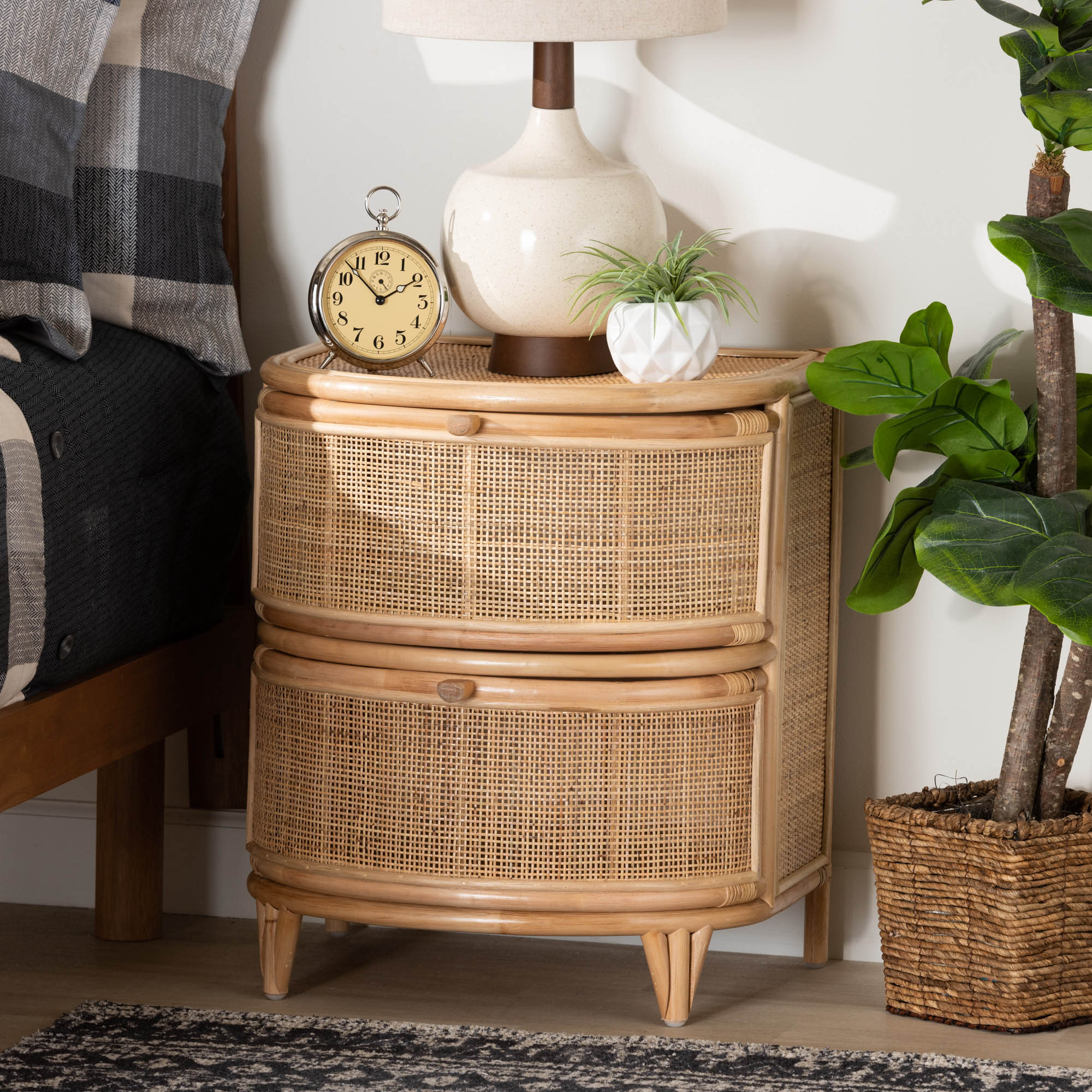 Baxton Studio Oleta Modern Bohemian Natural Brown Rattan 2-Drawer Nightstand