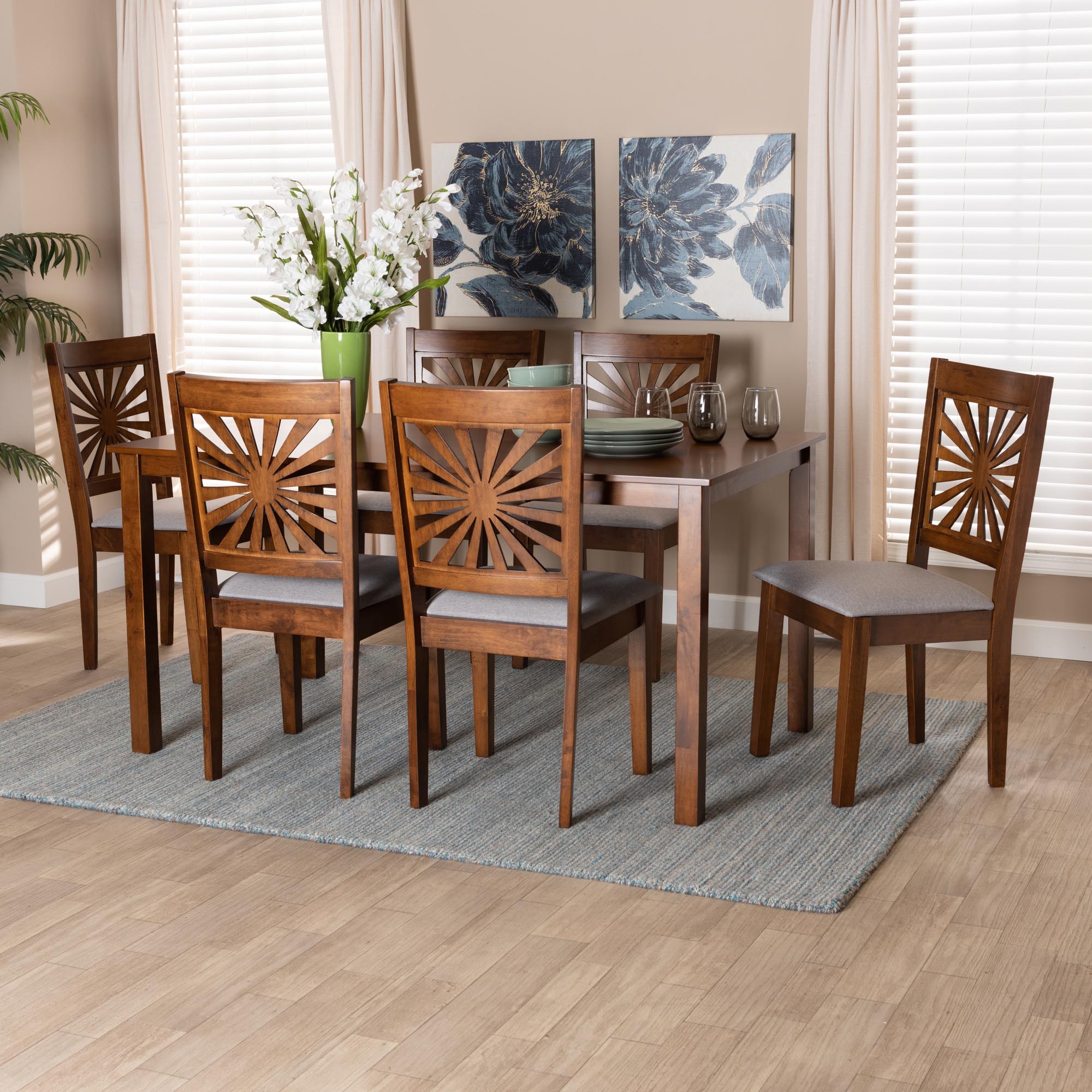 Baxton Studio Olympia Modern Grey Fabric And Walnut Brown Finished Wood 7-Piece Dining Set