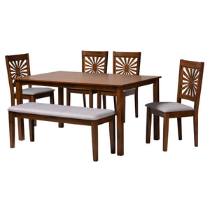 Baxton Studio Olympia Modern Grey Fabric And Walnut Brown Finished Wood 6-Piece Dining Set