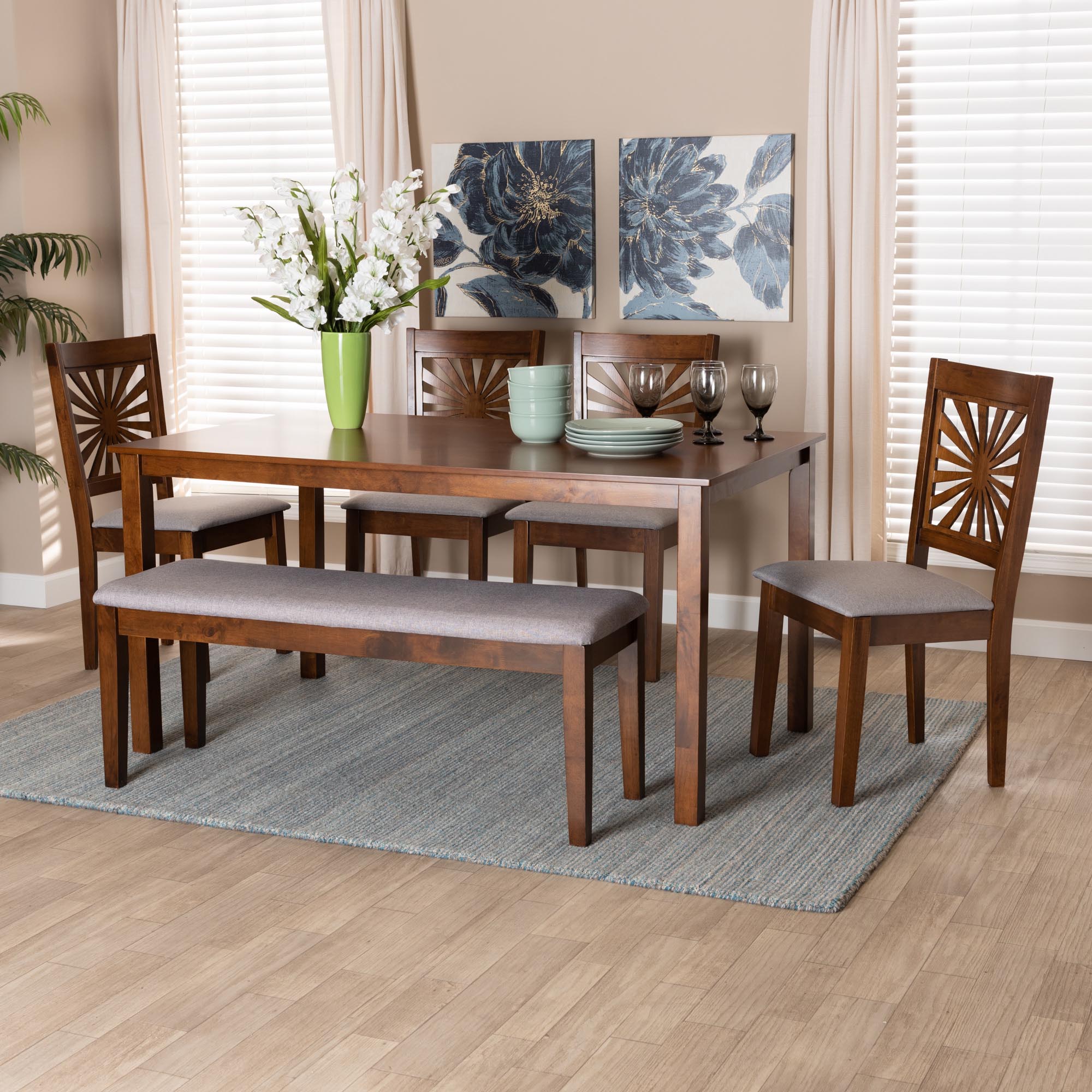 Baxton Studio Olympia Modern Grey Fabric And Walnut Brown Finished Wood 6-Piece Dining Set