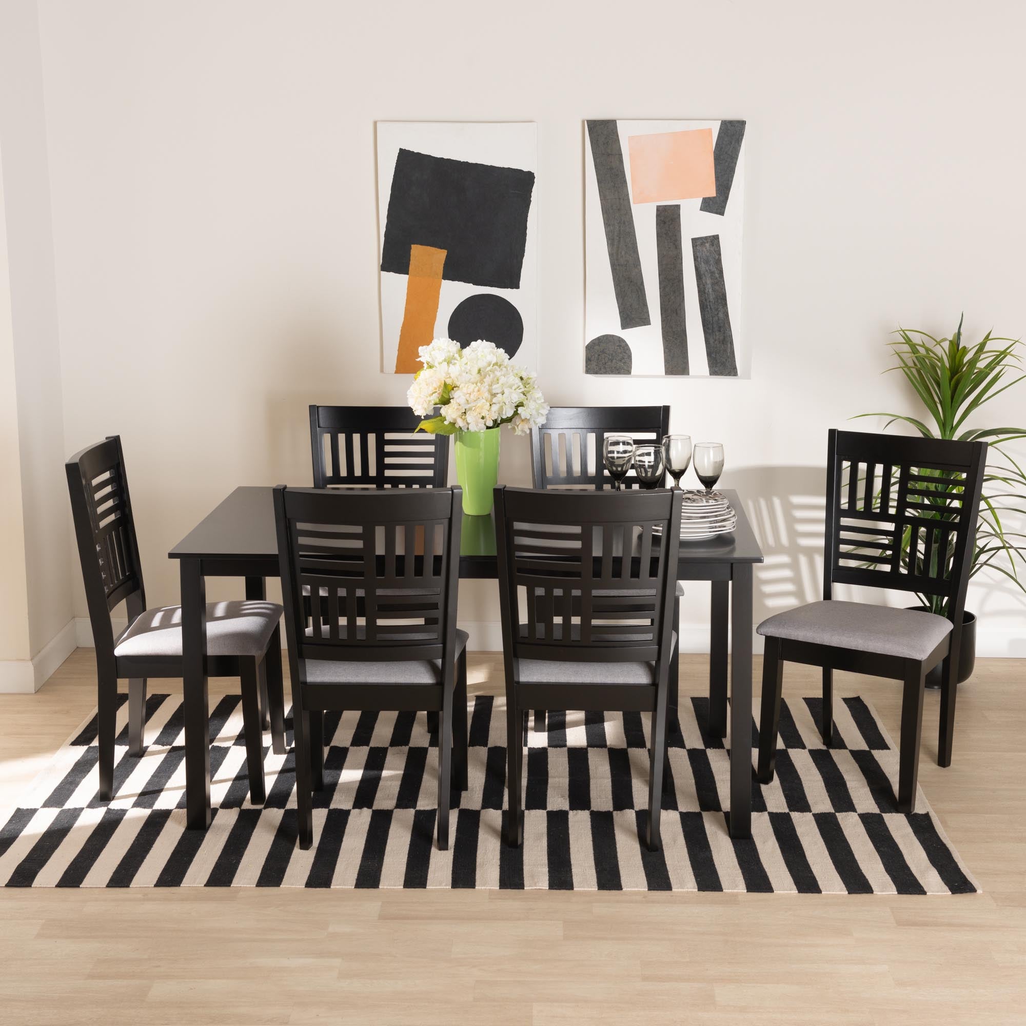 Baxton Studio Deanna Modern Grey Fabric And Dark Brown Finished Wood 7-Piece Dining Set