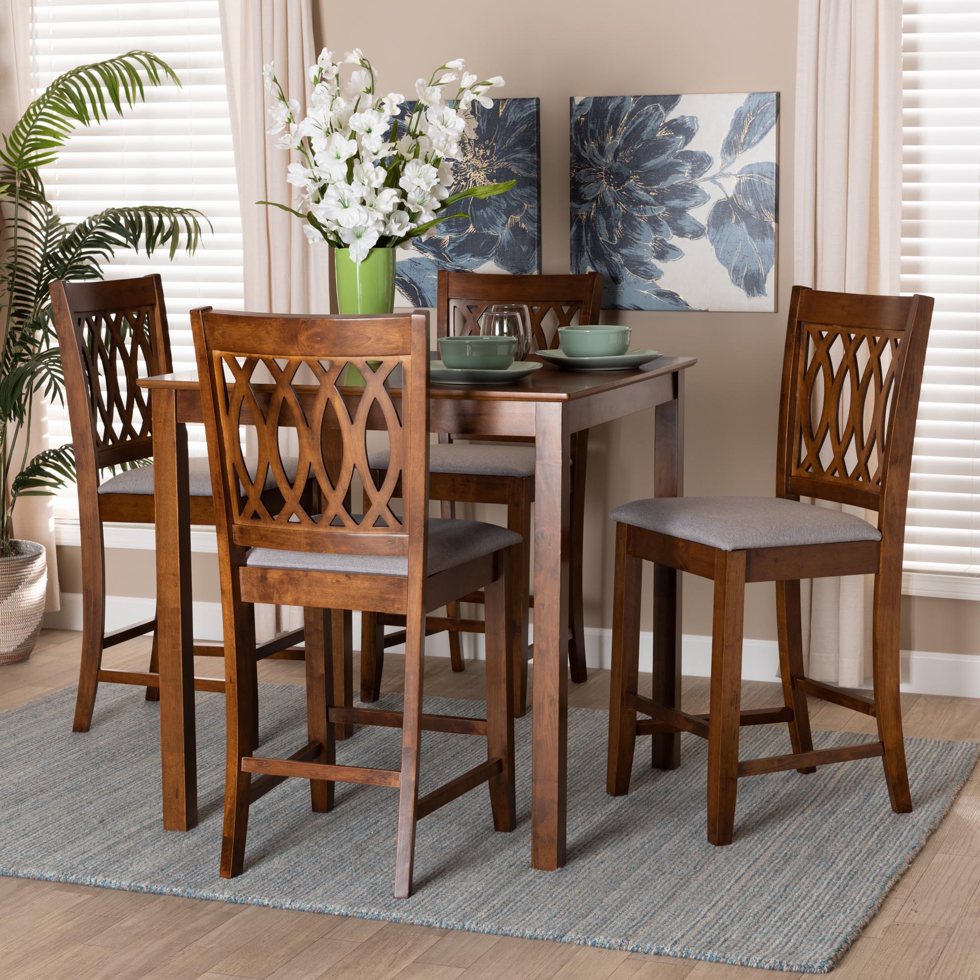 Baxton Studio Florencia Modern Grey Fabric And Walnut Brown Finished Wood 5-Piece Pub Set