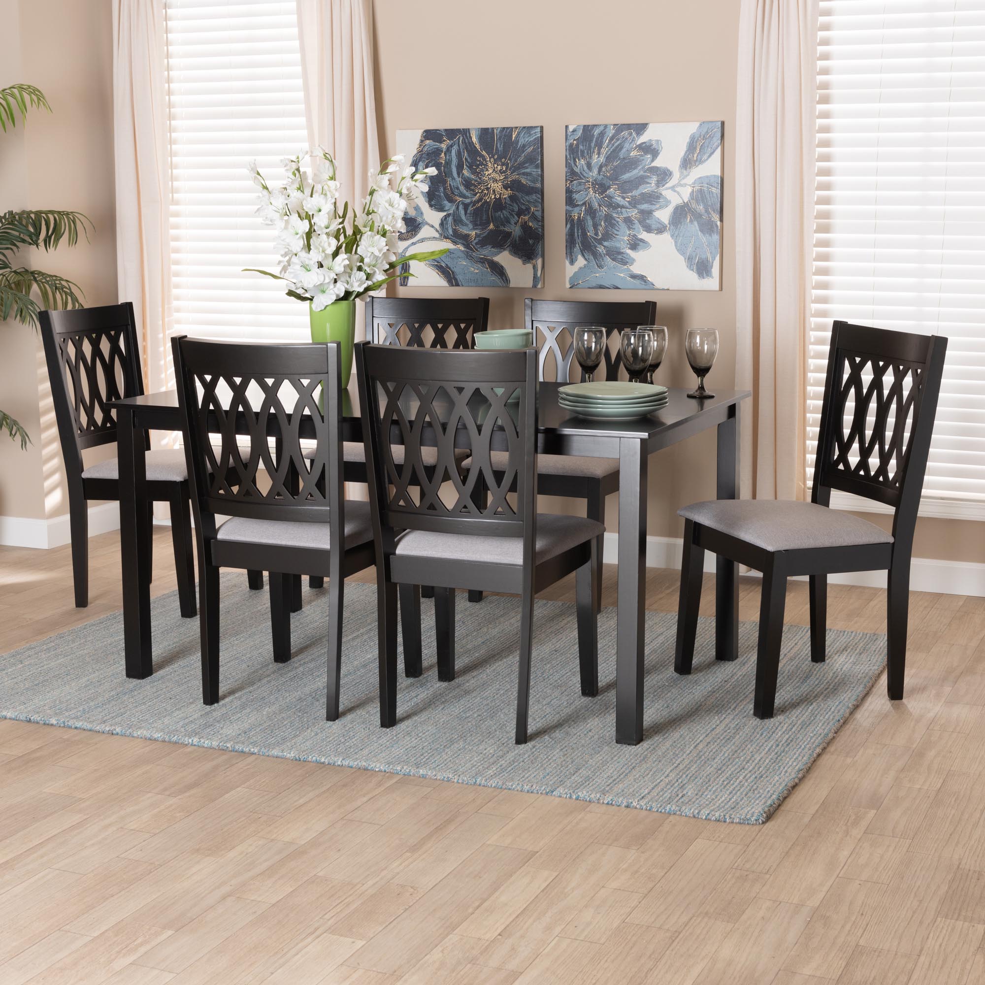 Baxton Studio Florencia Modern Grey Fabric And Espresso Brown Finished Wood 7-Piece Dining Set