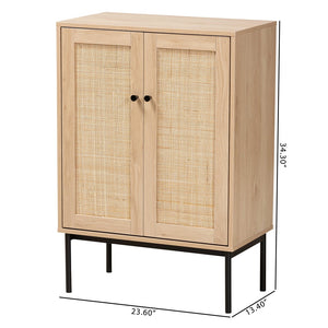 Baxton Studio Sherwin Mid-Century Modern Light Brown And Black 2-Door Storage Cabinet With Woven Rattan Accent