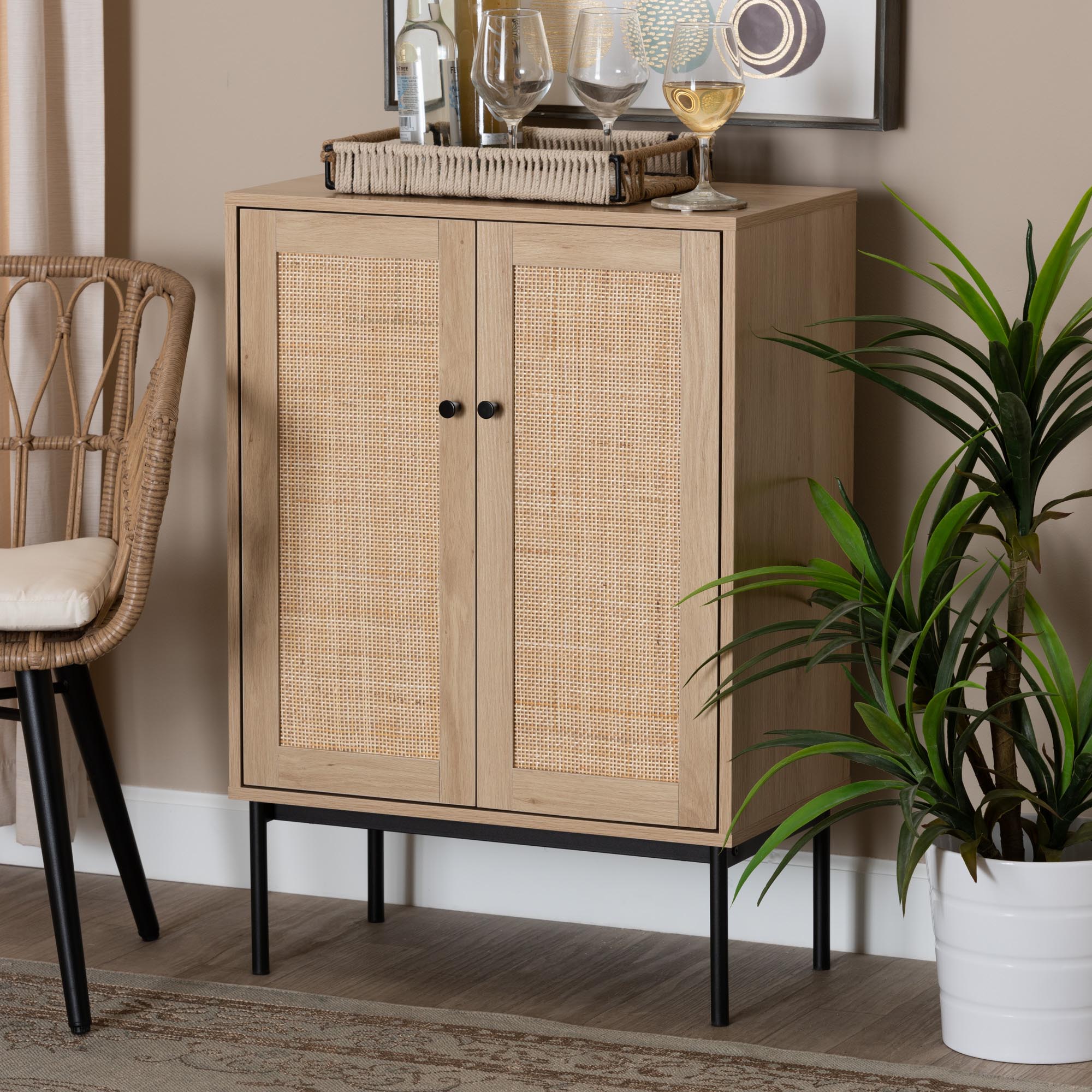 Baxton Studio Sherwin Mid-Century Modern Light Brown And Black 2-Door Storage Cabinet With Woven Rattan Accent