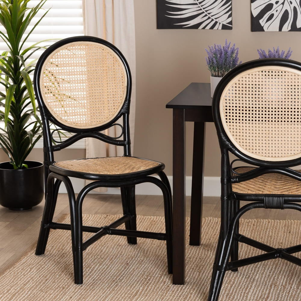 Baxton Studio Ayana Mid-Century Modern Two-Tone Black And Natural Brown Rattan Dining Chair