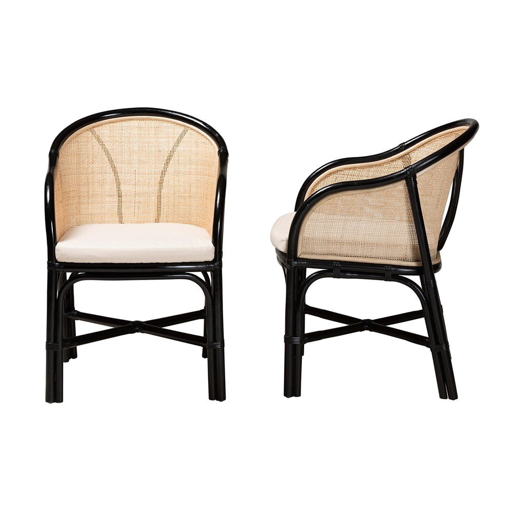 Baxton Studio Miranda Modern Bohemian Two-Tone Black And Natural Brown Rattan 2-Piece Dining Chair Set